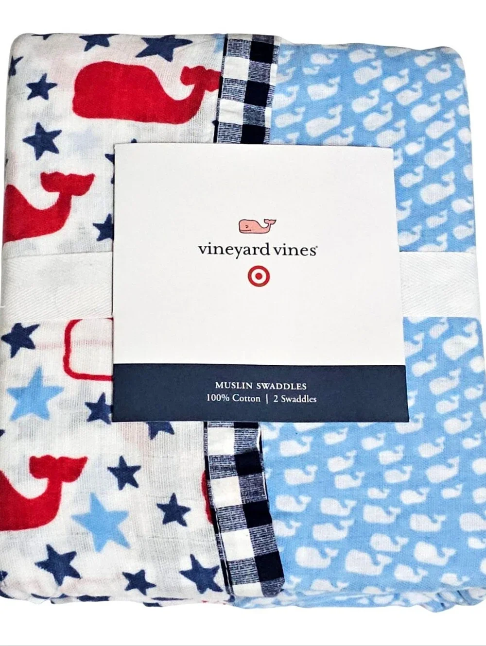 VINEYARD VINES 2pk Muslin Swaddle Blanket Vineyard & Patchwork Whale